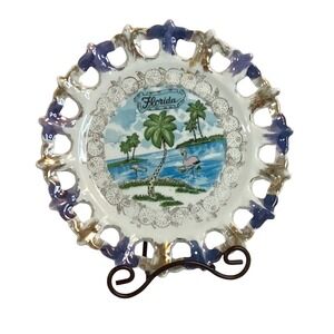 Souvenir Florida Collectible Plate 8" / Florida Flamingo Palm Tree/ Lattice Edge